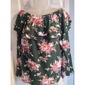 White Birch Top Green Pink Floral Ruffle Neck Fairy Boho XL